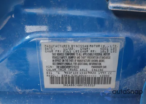 2022 Nissan Sentra Sv Xtronic Cvt из США, поврежденный, VIN 3N1AB8CV8NY315312